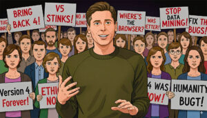 AI image of Sam Altman talking while an angry mob upset with ChatGPT5 stands behind him
