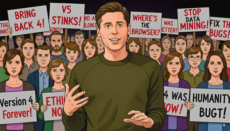 AI image of Sam Altman talking while an angry mob upset with ChatGPT5 stands behind him