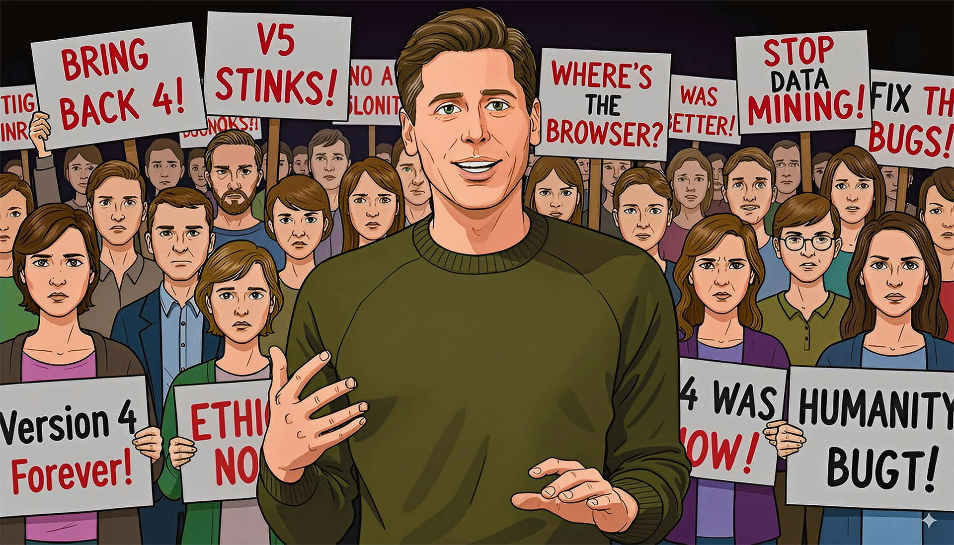 AI image of Sam Altman talking while an angry mob upset with ChatGPT5 stands behind him