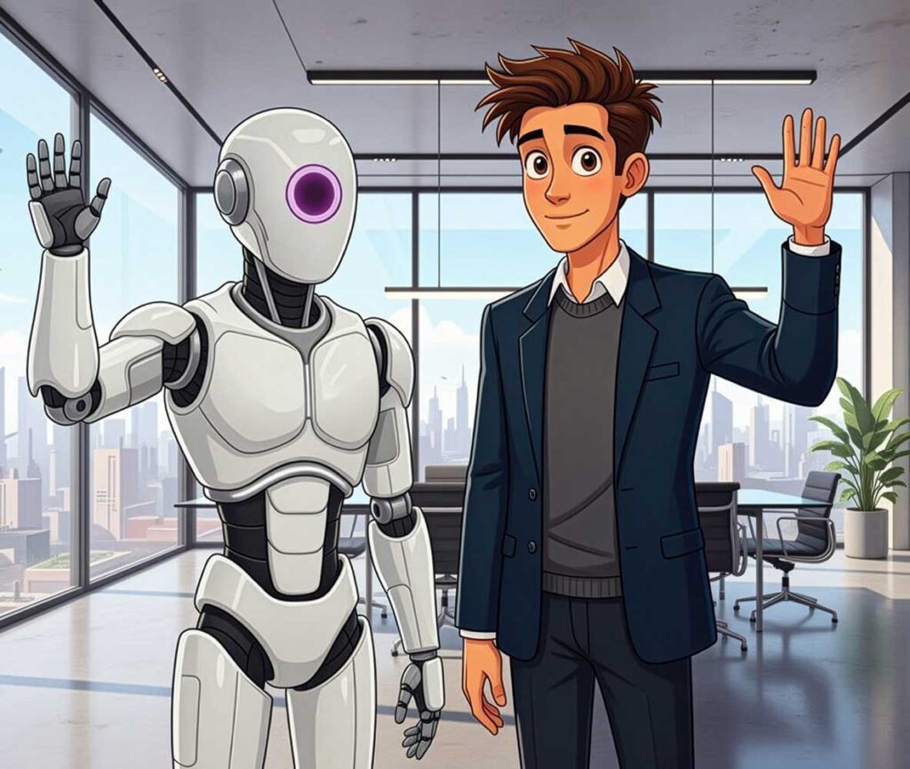An AI generated image of JP and MDRNbot waving at the camera