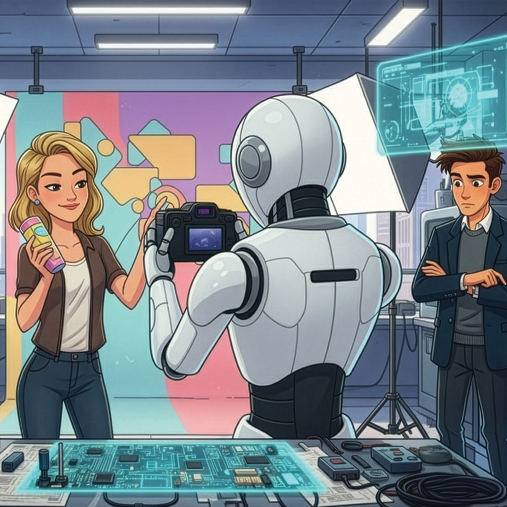 AI generated photo of MDRNbot trying to make a video for JP