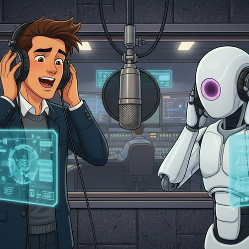 An AI generated image of a man and a robot recording into a microphone.