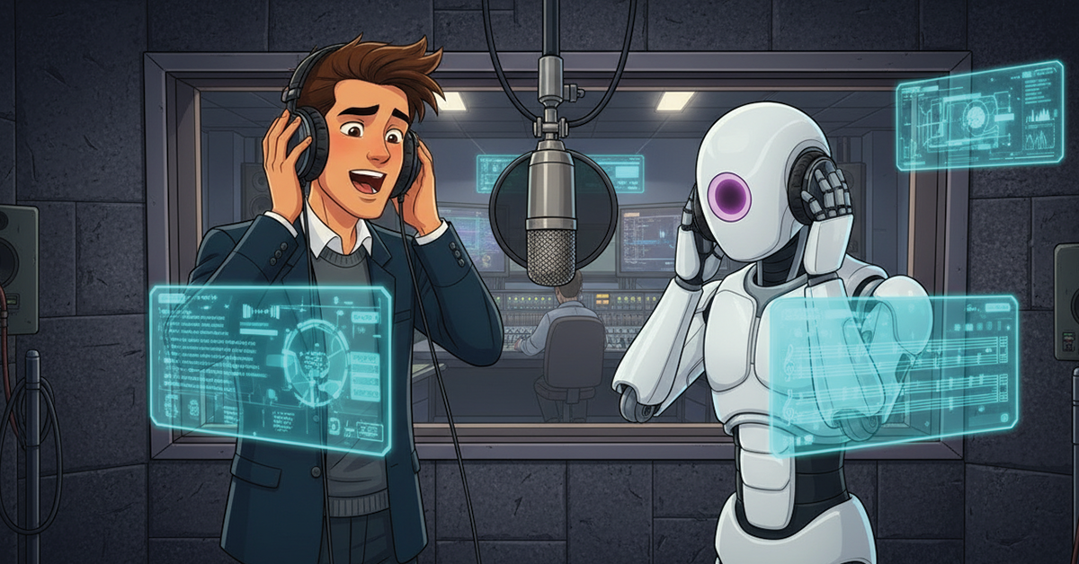 AI generated image of a human and robot speaking into a microphone.