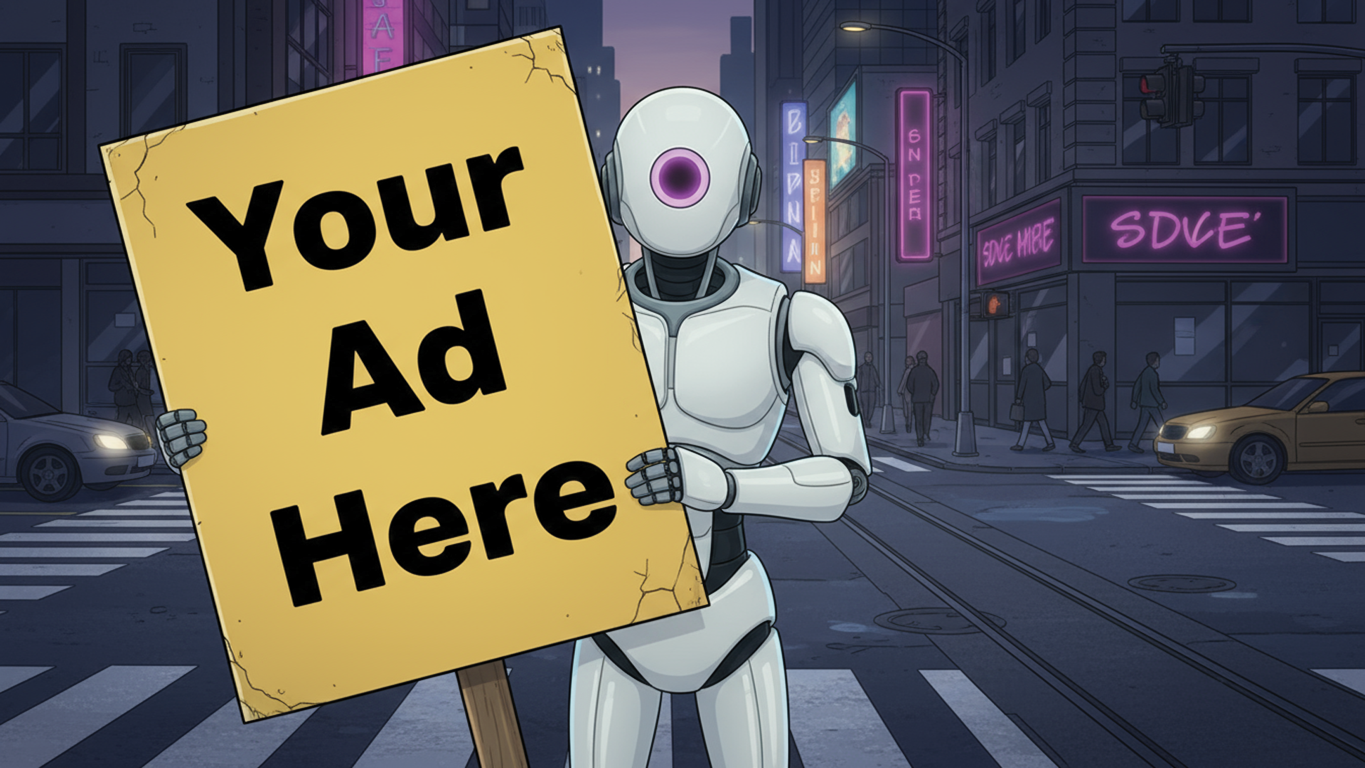 An AI generated image of MDRNbot holding up a sign that says "Your Ad Here"