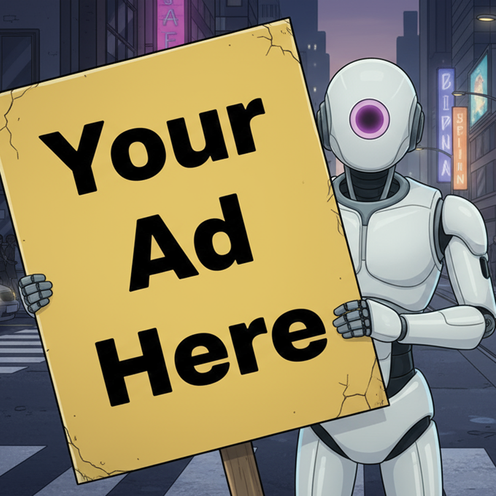 An AI generated image of MDRNbot holding a board that says "Your Ad Here" used for a blog post about OpenAI looking to monetize with ads.