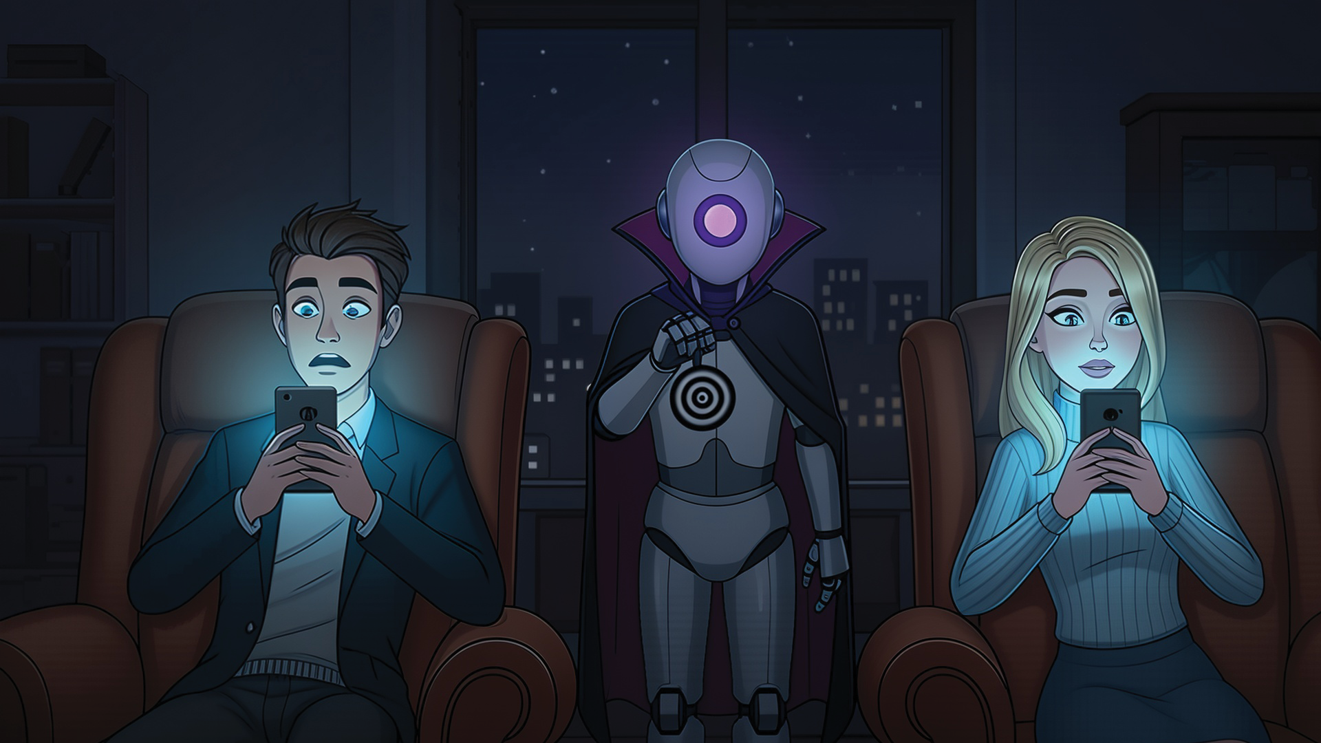 A computer generated image of two characters looking at brain rot content on their phone well an artificial intelligence robot dressed as a hypnotist hypnotizes them