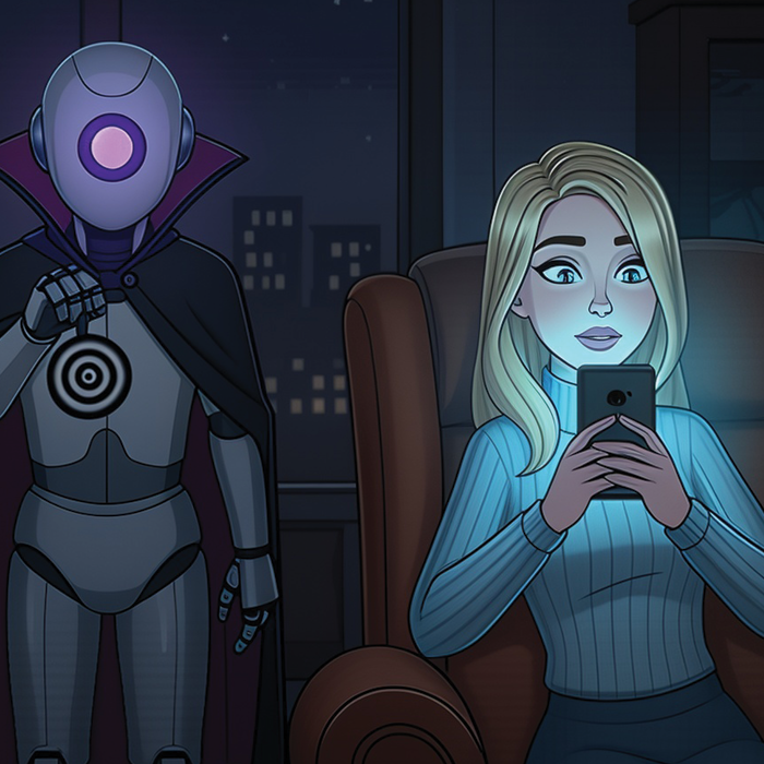 AI art image of a robot hypnotizing a woman consuming brain rot content on her phone