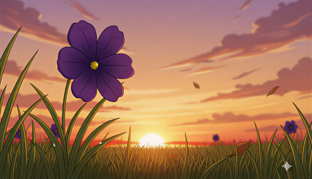 Worms eye view of a purple flower at sunset