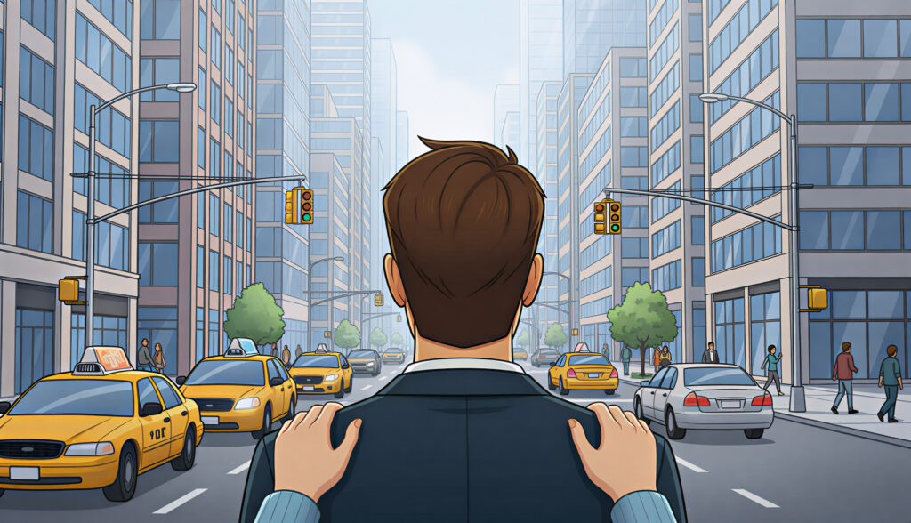 A point of view shot of a man in a city