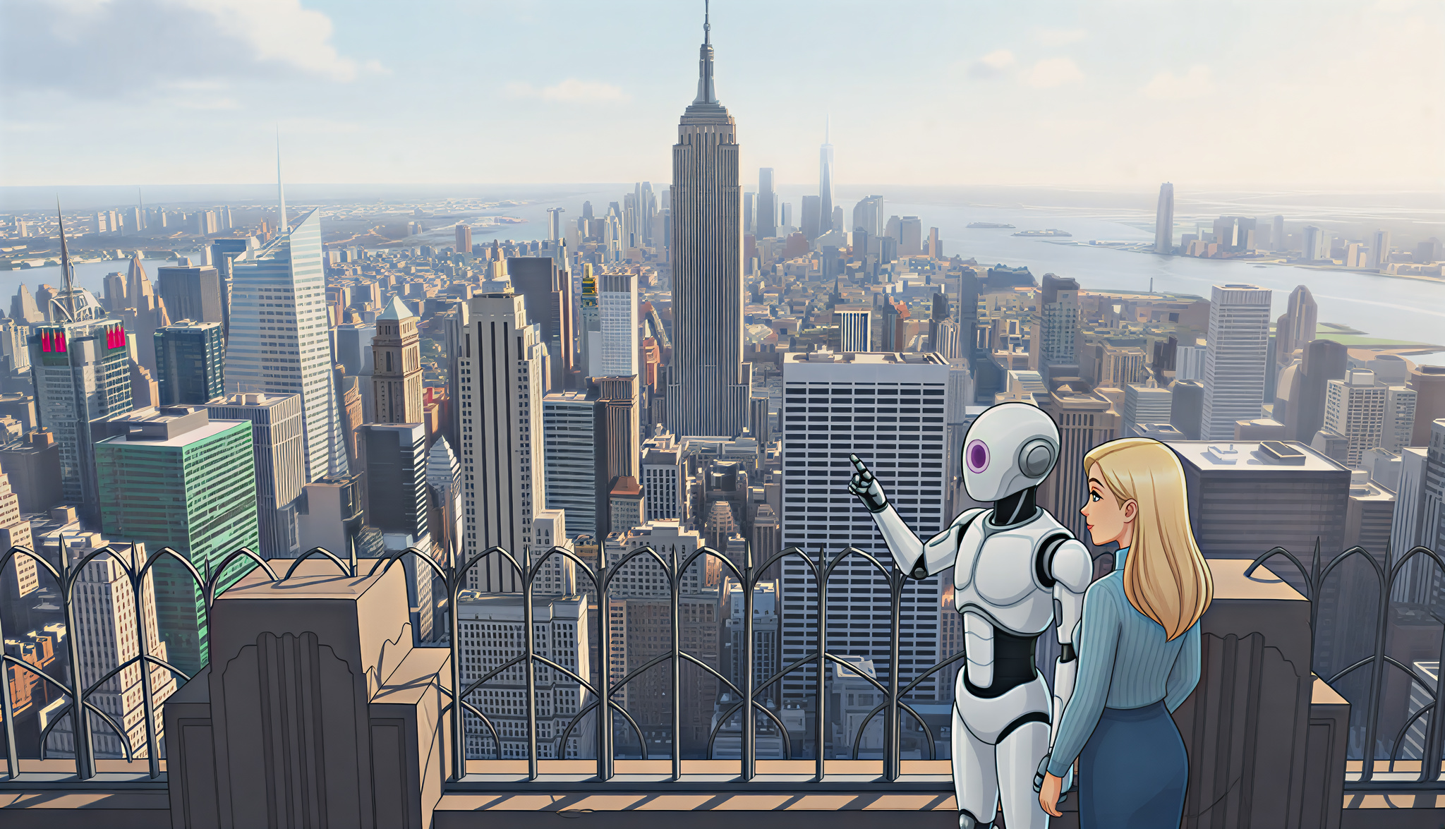 Wide Angle Shot of Woman and Robot Looking Out Over New York City