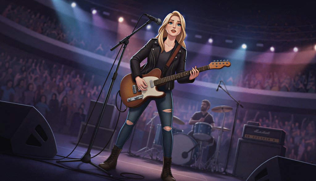 Woman standing on stage being looked at from a low angle