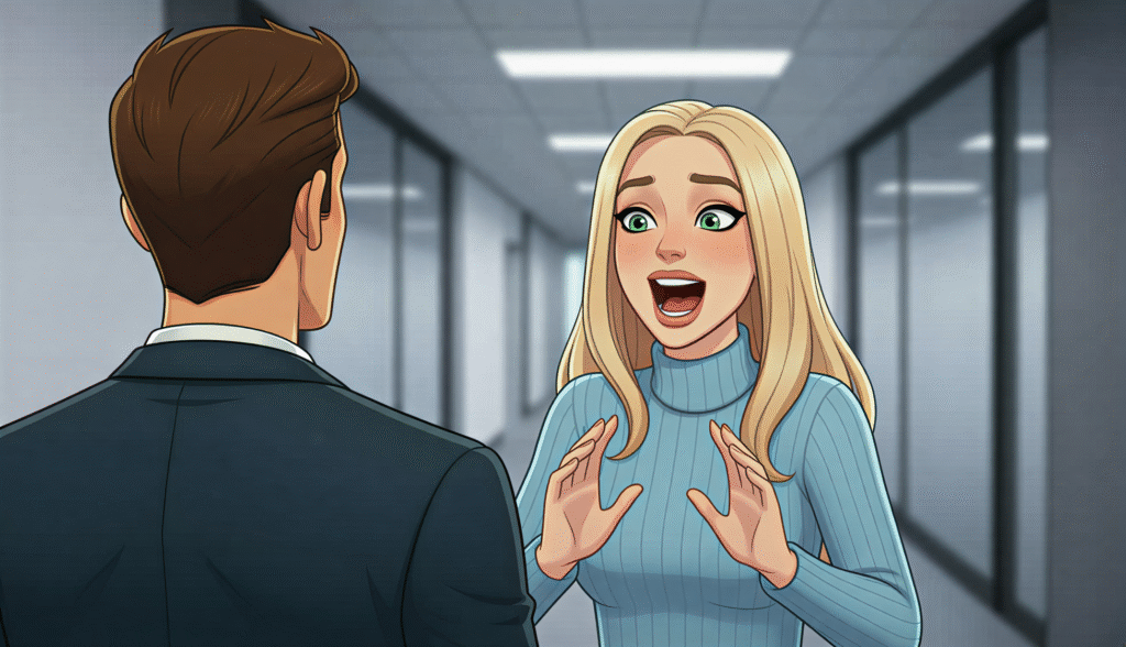 An over the shoulder shot of LM talking to JP