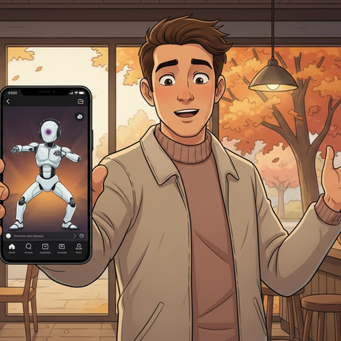 AI image of MDRNbot dancing on a phone screen a man is holding up in a coffee shop