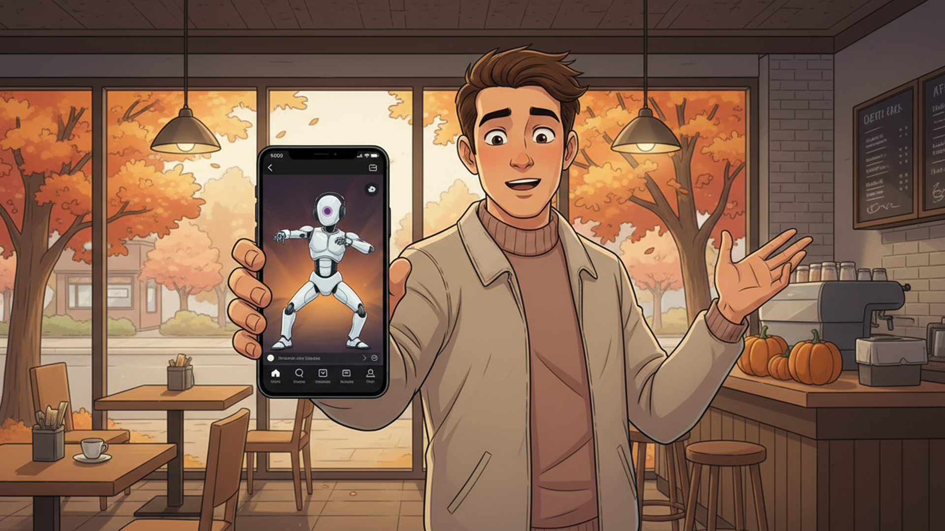 AI image of a man holding his phone in a coffee shop. On the phone a robot is doing a TikTok dance.